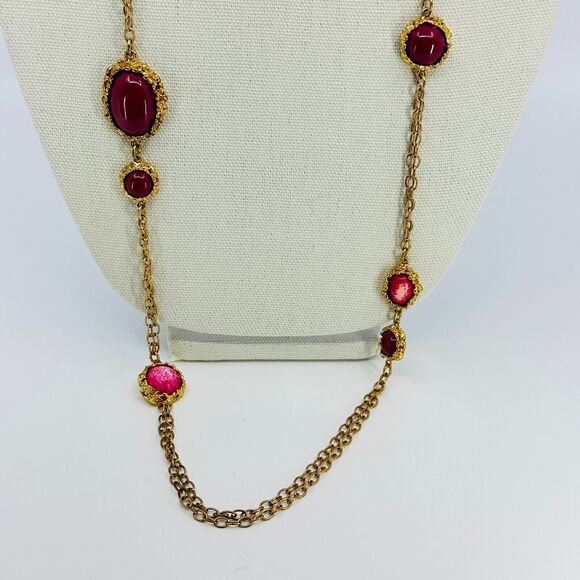 Chicos Necklace Pink Maroon Cabochon Stations Gold Tone 44" Everyday Jewelry - Picture 2 of 8